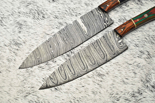 Lot of 2 Handmade Damascus Steel Blade Full Tang Chef Knife Set