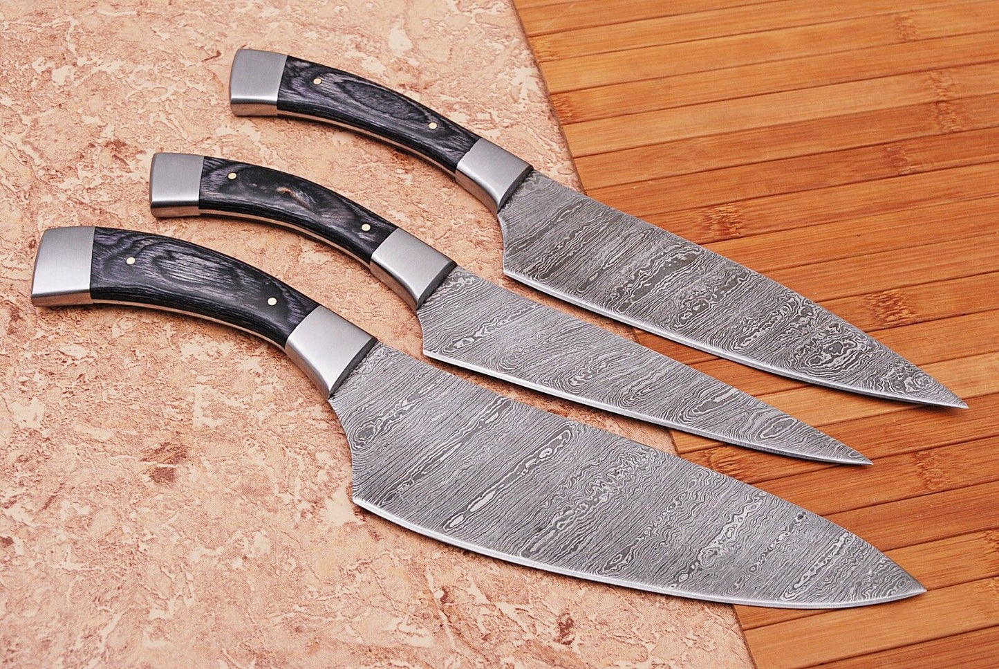 Custom Japanese Damascus Chef Knife Set – Full Tang, Hand Forged with Leather Case