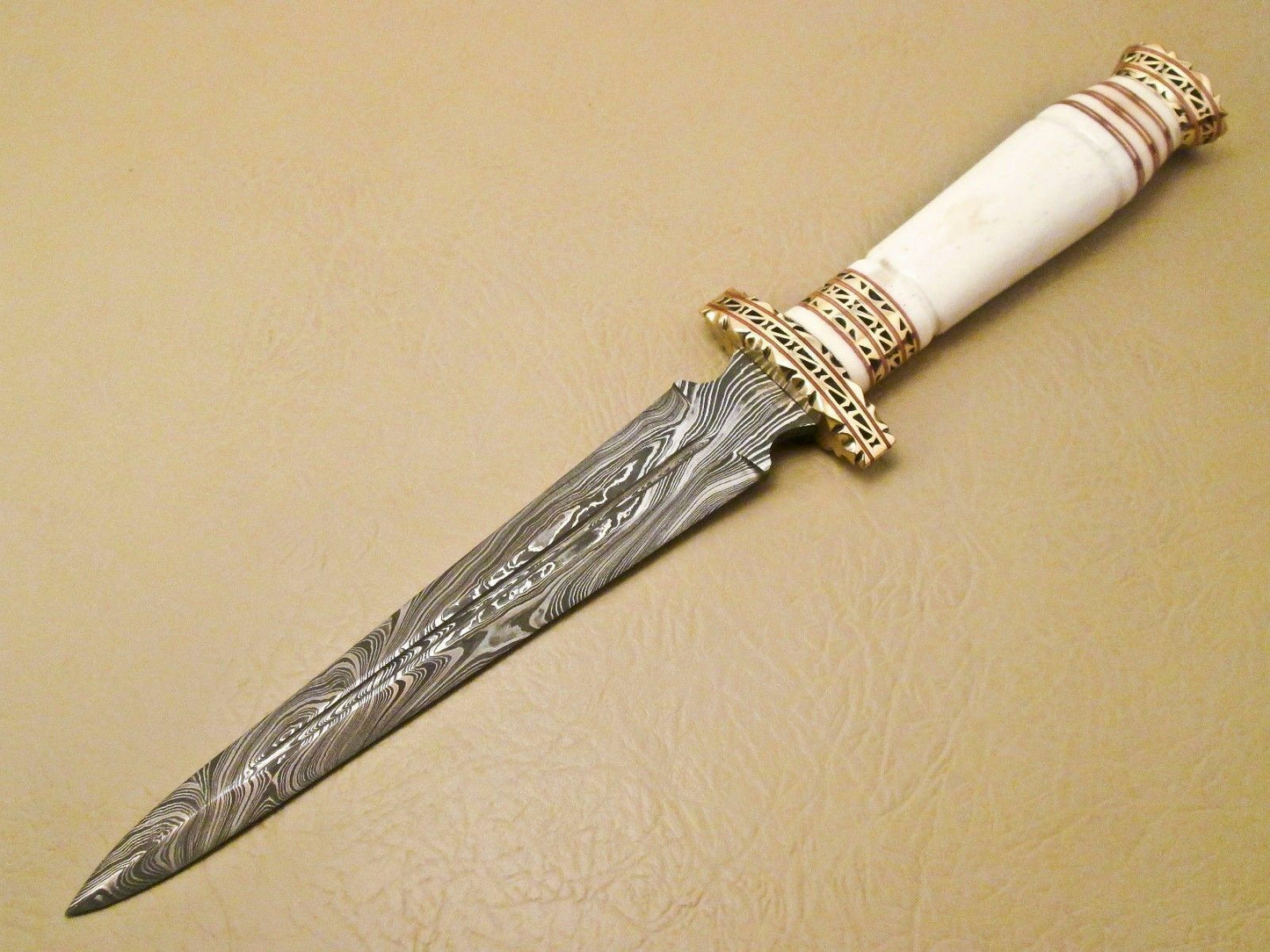 13.5 Inch Damascus Steel Hunting Dagger with Camel Bone Handle