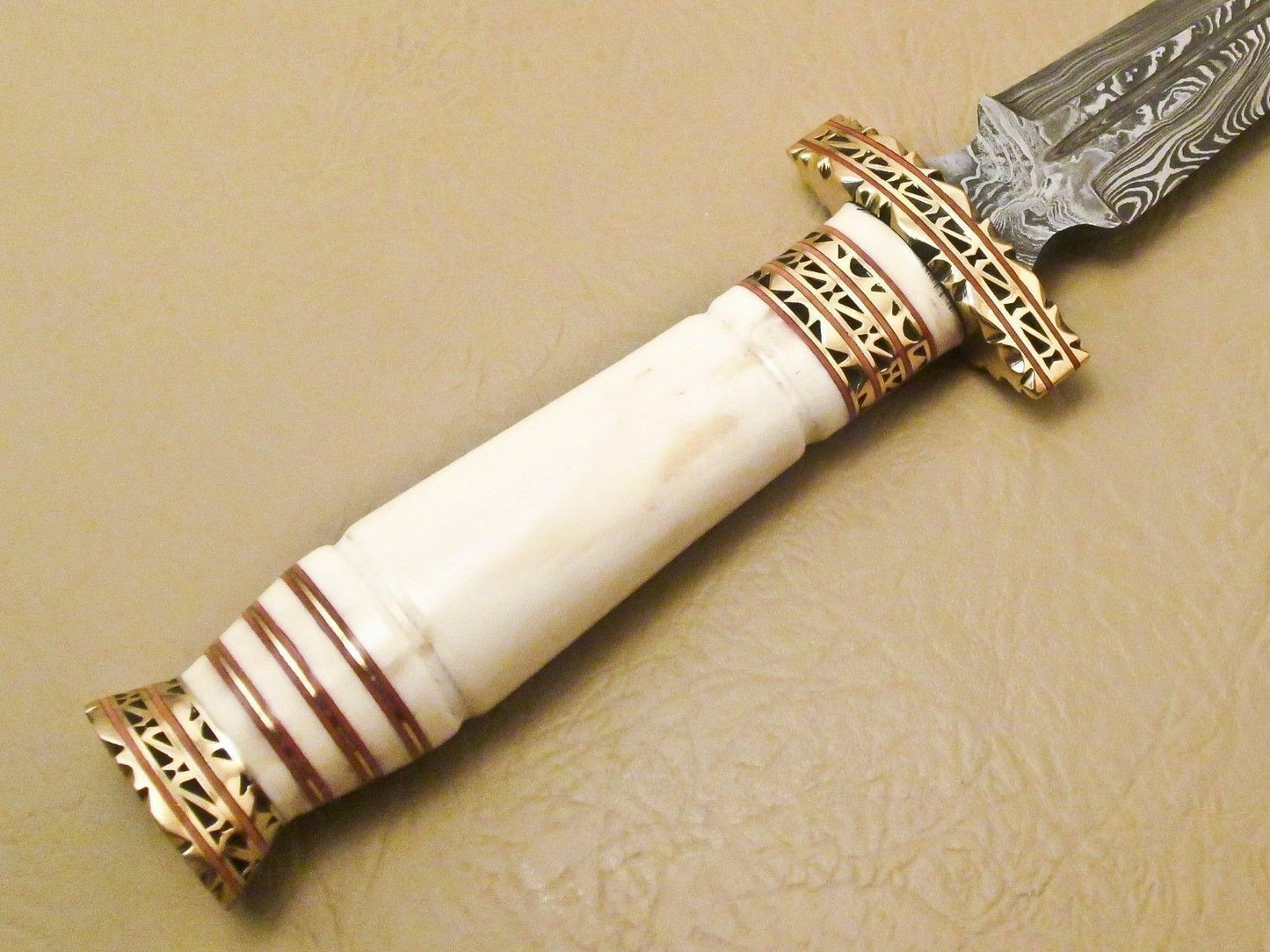 13.5 Inch Damascus Steel Hunting Dagger with Camel Bone Handle