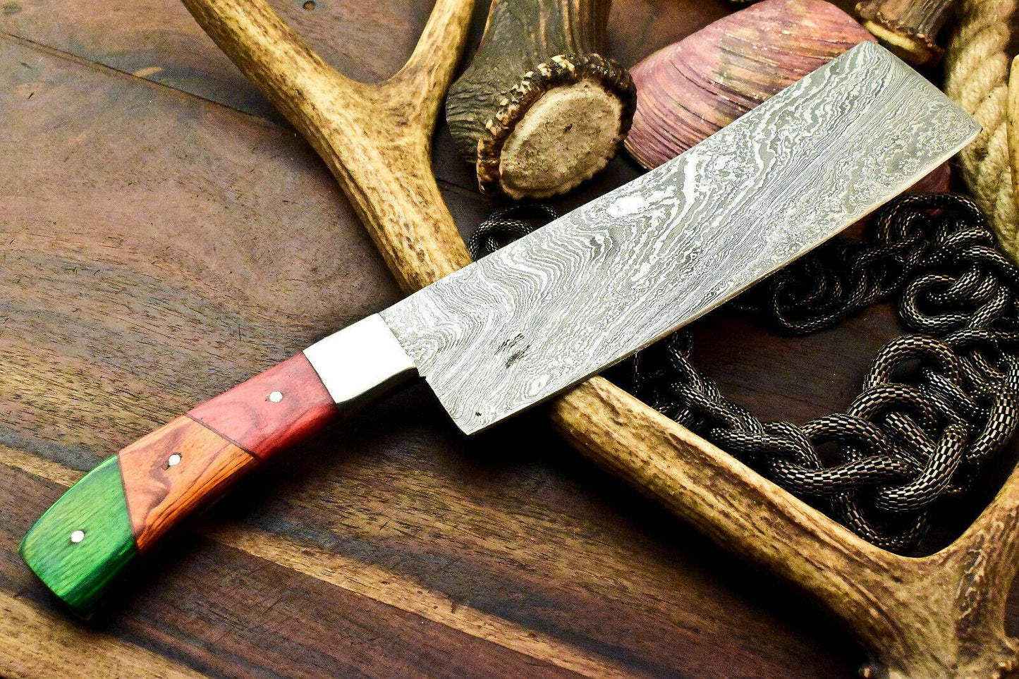 Custom Handmade Damascus Steel Chef Kitchen Knife | 13" Full Tang with Hardwood Handle