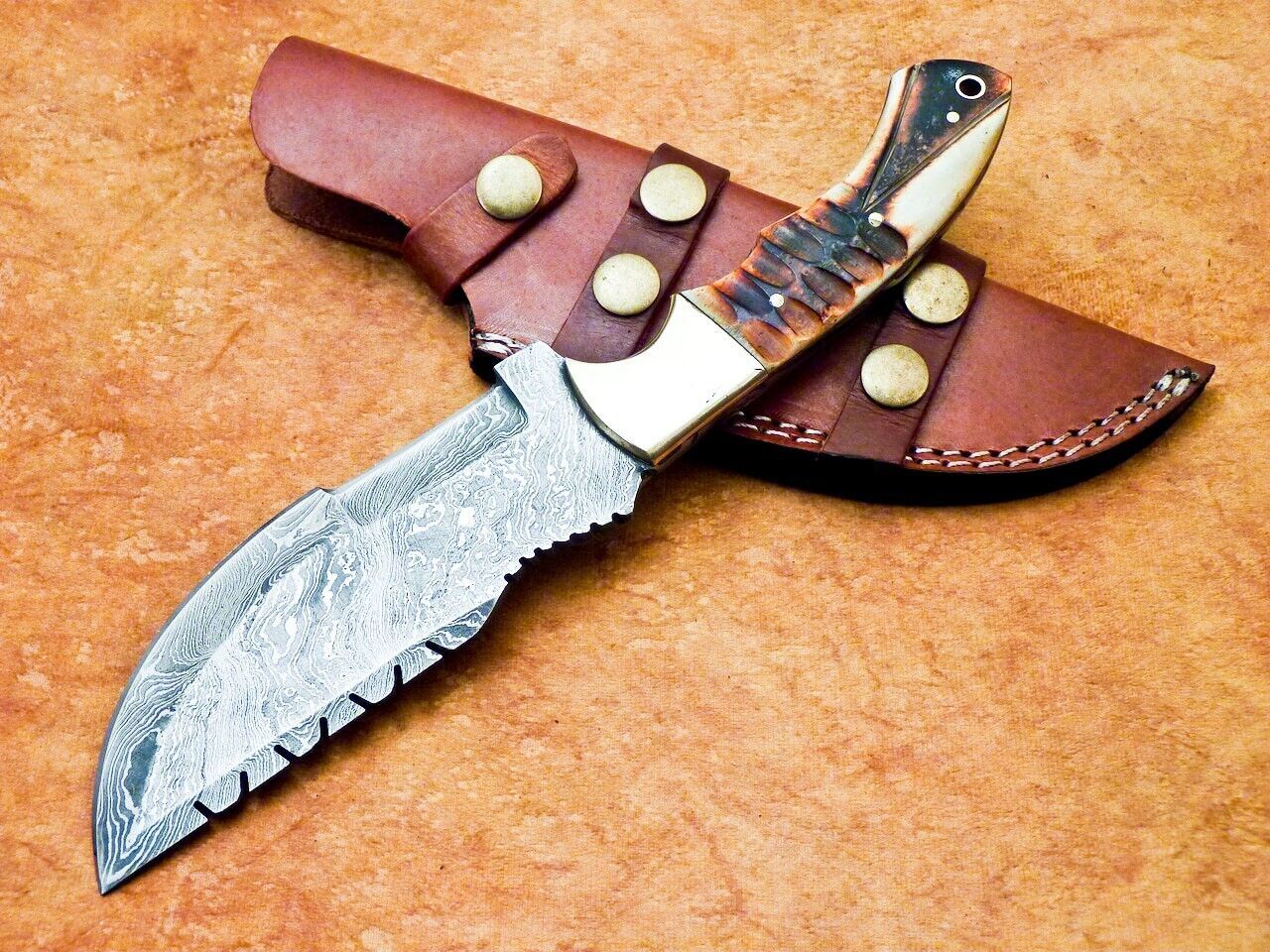 10" Handmade Damascus Steel Tracker Bowie Knife – Full Tang, Camel Bone Handle