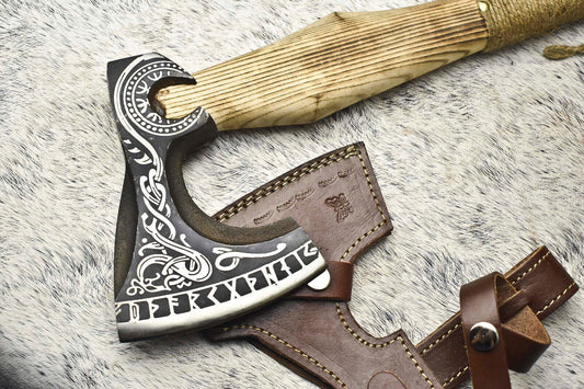 Custom Handmade Forged Viking Bearded Axe with Natural Wood Handle and Leather Sheath