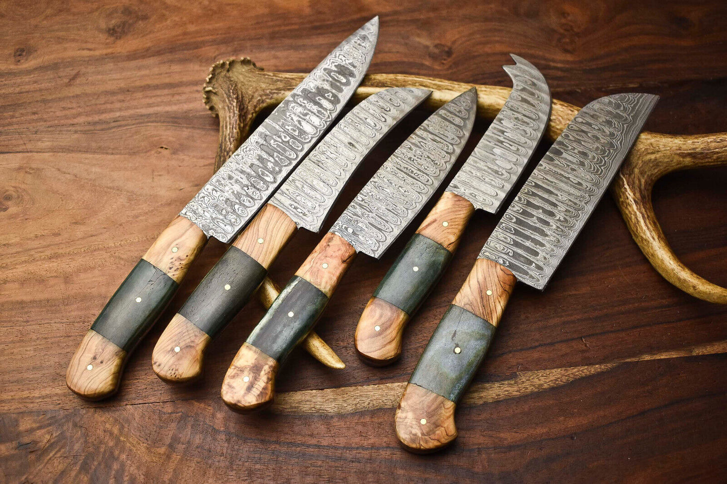 Lot of 5 Handmade Hammered Damascus Steel Blade Chef Knife Set – 100% Handmade