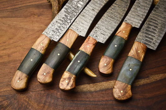 Lot of 5 Handmade Hammered Damascus Steel Blade Chef Knife Set – 100% Handmade