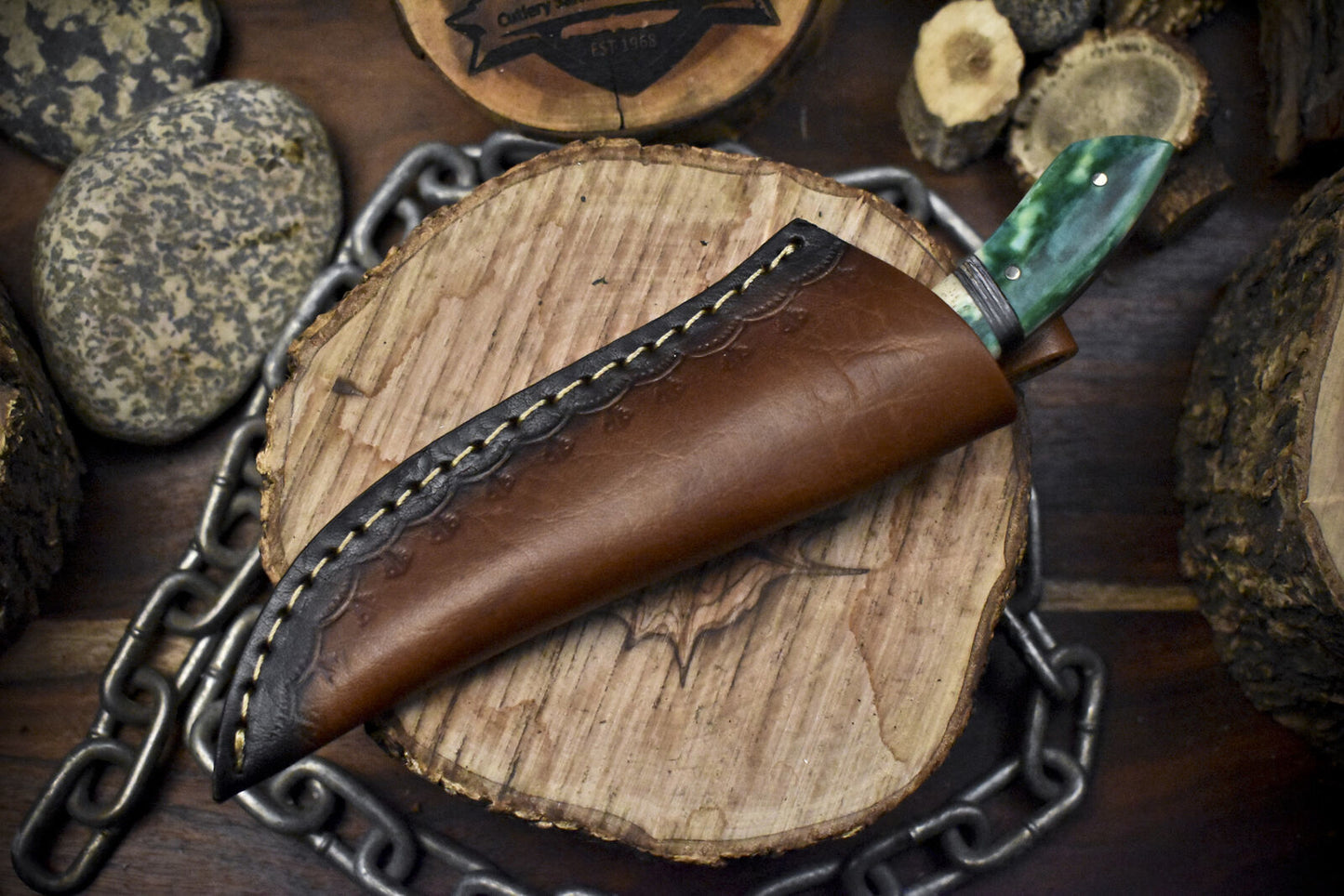 Twist Damascus Skinner Knife with Bone Handle and Brass Guard – Handmade Hunting and Skinning Blade