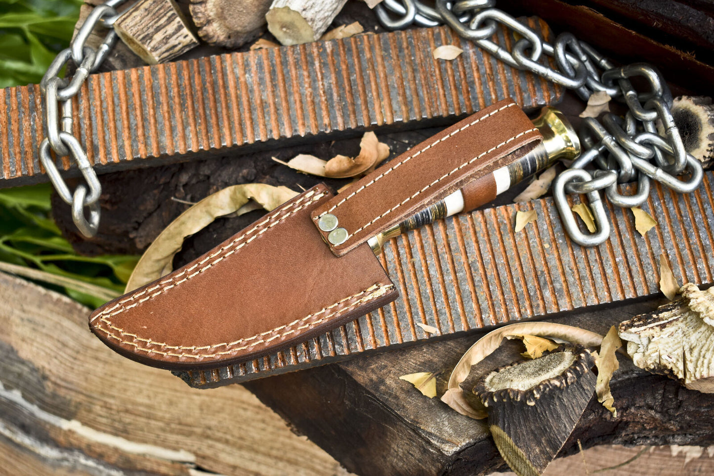 Custom Rain Drop Damascus Skinner Knife – Bone & Wood Handle with Brass Guard and Leather Sheath