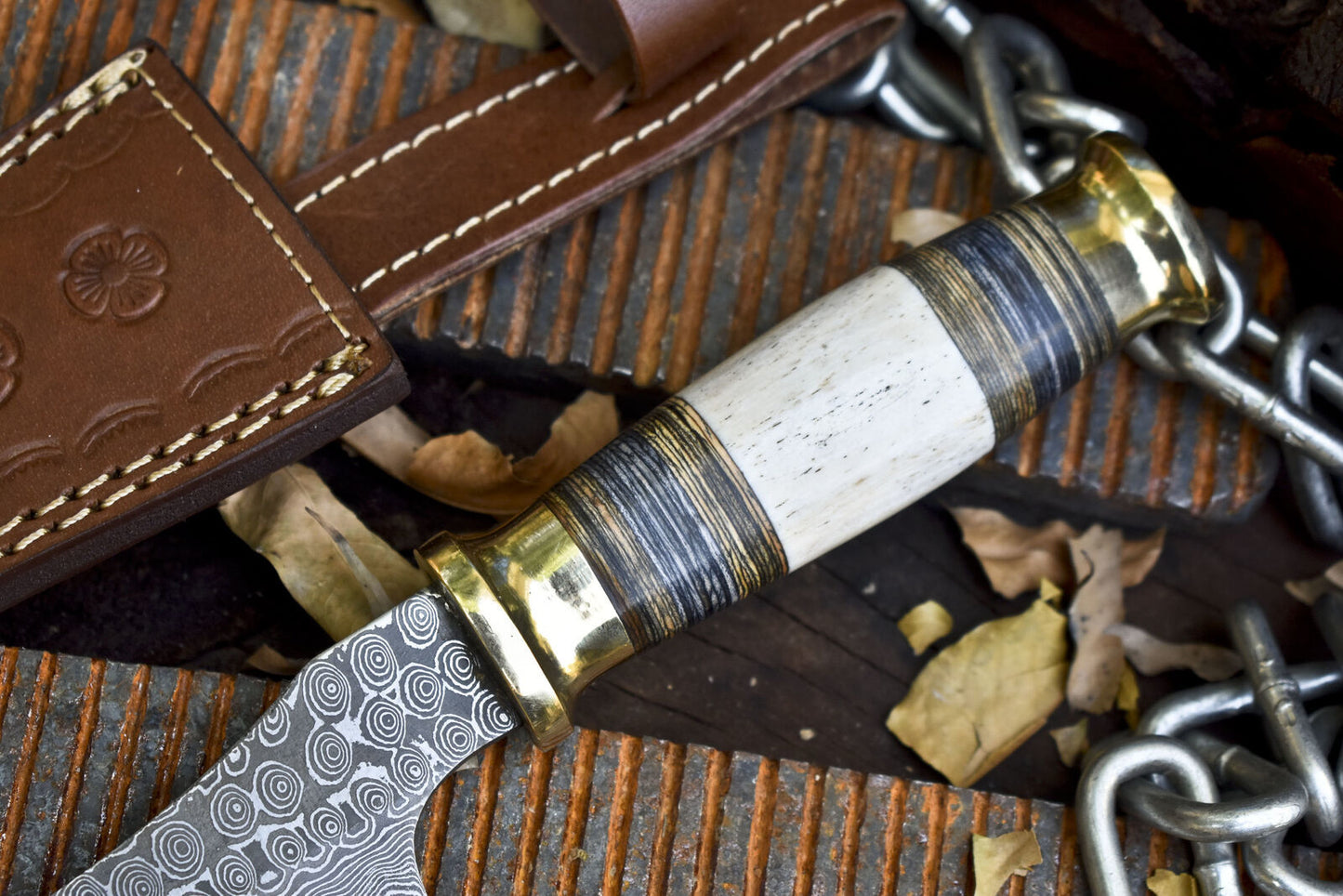 Custom Rain Drop Damascus Skinner Knife – Bone & Wood Handle with Brass Guard and Leather Sheath