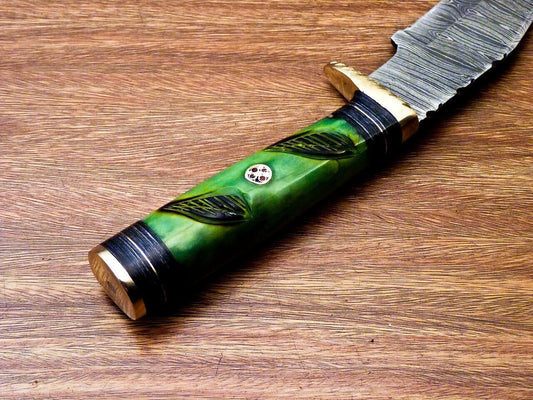 10" Handmade Damascus Steel Bowie Hunting Knife – Engraved Camel Bone & Hardwood Handle