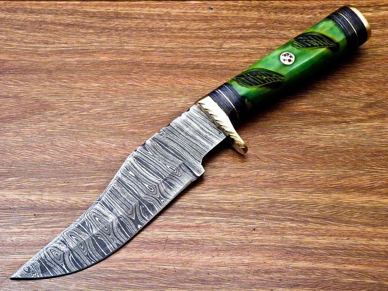 10" Handmade Damascus Steel Bowie Hunting Knife – Engraved Camel Bone & Hardwood Handle