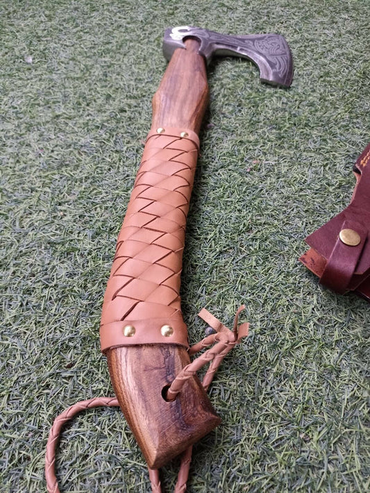 Hand Forged High Carbon Steel Viking Battle Axe with Ash Wood and Leather Handle
