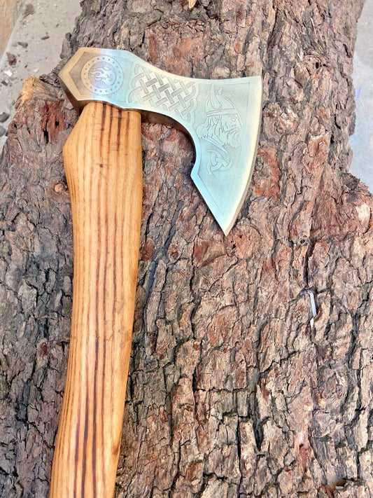 Hand Forged Replica Viking Axe with Etched Carbon Steel Head and Durable Wooden Handle for Camping and Bushcraft