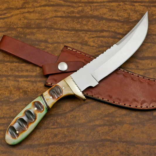 12-Inch D2 Steel Full Tang Bowie Hunting Knife with Camel Bone Handle
