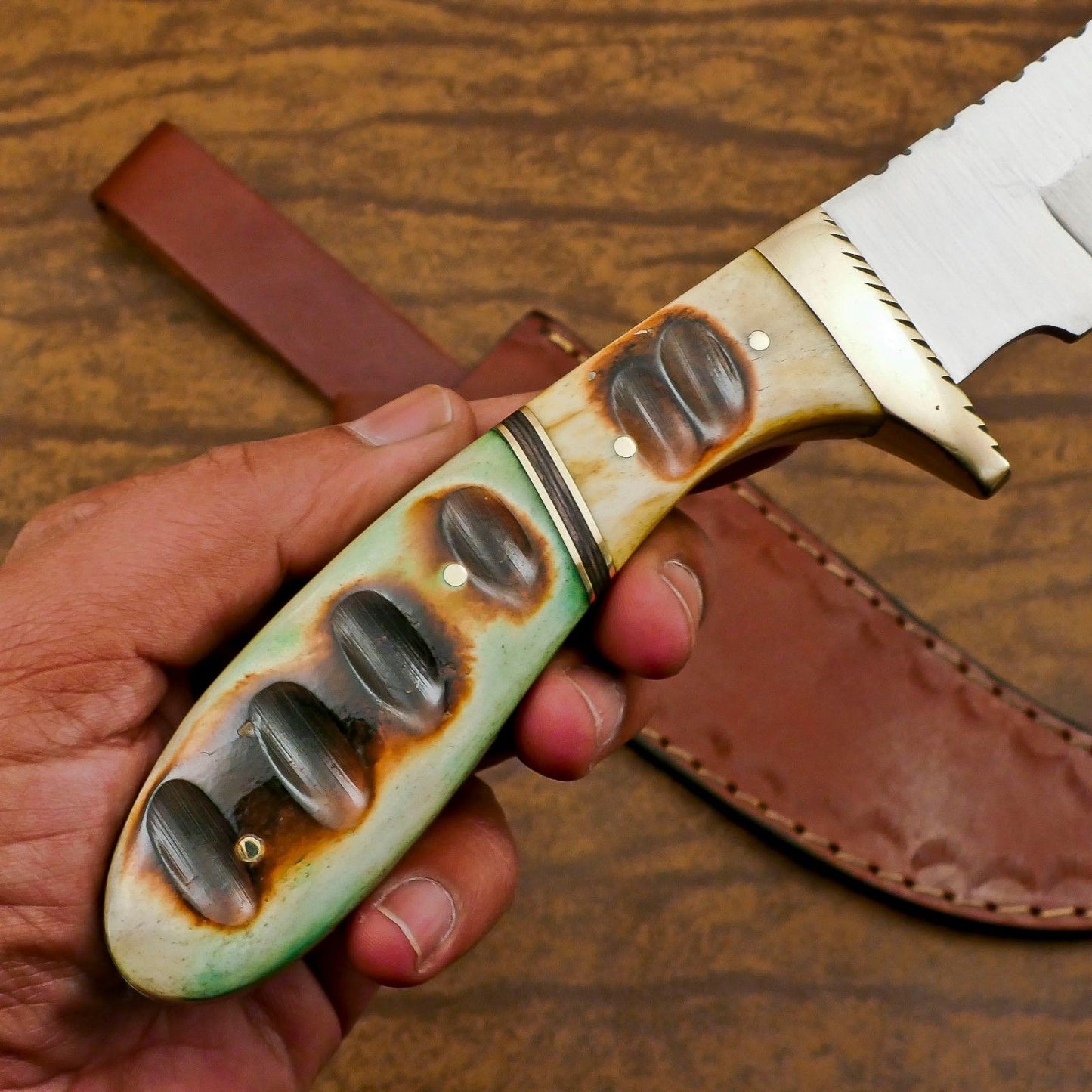 12-Inch D2 Steel Full Tang Bowie Hunting Knife with Camel Bone Handle