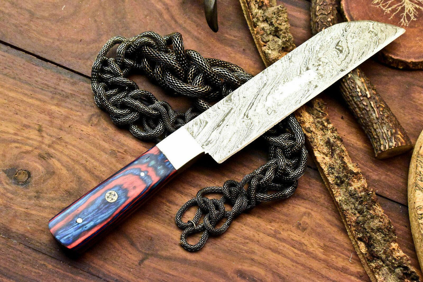 Custom Handmade Damascus Steel Chef Knife | 13" Full Tang Blade with Hardwood Handle