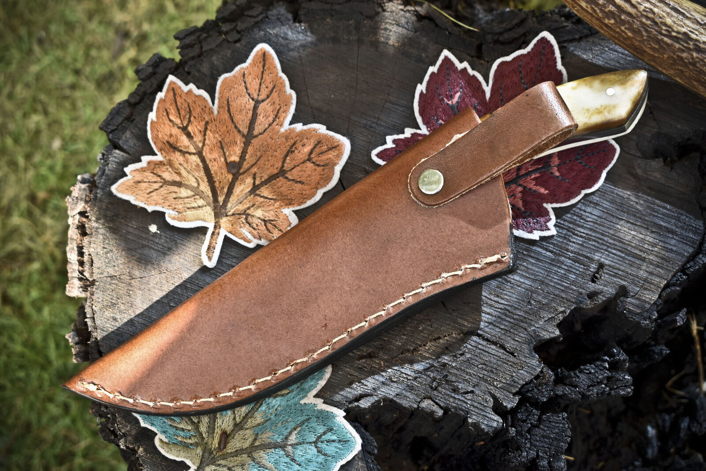 Twist Damascus Steel Skinner Knife with Bone Handle and Brass Guard – Hand-Forged Hunting Gift with Leather Sheath