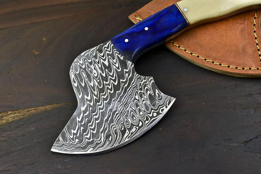 Custom Handmade Damascus Steel Cleaver Chopper Axe Knife – Fixed Blade with Camel Bone Handle