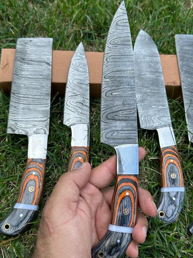 5-Piece Handmade Damascus Steel Chef Knife Set – Full Tang, Twisted Pattern