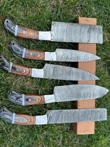 5-Piece Handmade Damascus Steel Chef Knife Set – Full Tang, Twisted Pattern