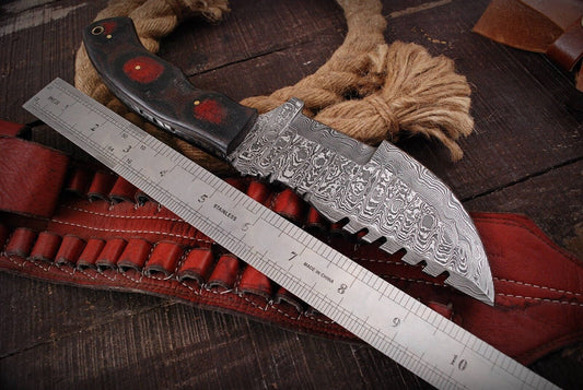 10" Handmade Damascus Steel Full Tang Tracker Knife – Survival, Hunting, Camping, Bushcraft Bowie with Olive Wood Handle & Leather Sheath