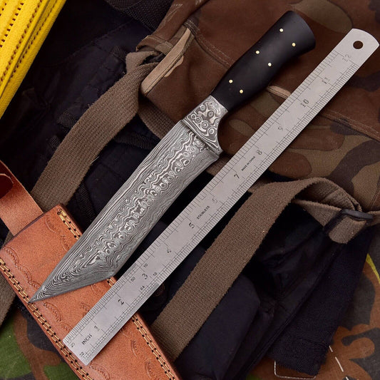 Custom Handmade Damascus Steel Tanto Knife – Hunting Fixed Blade with Leather Sheath