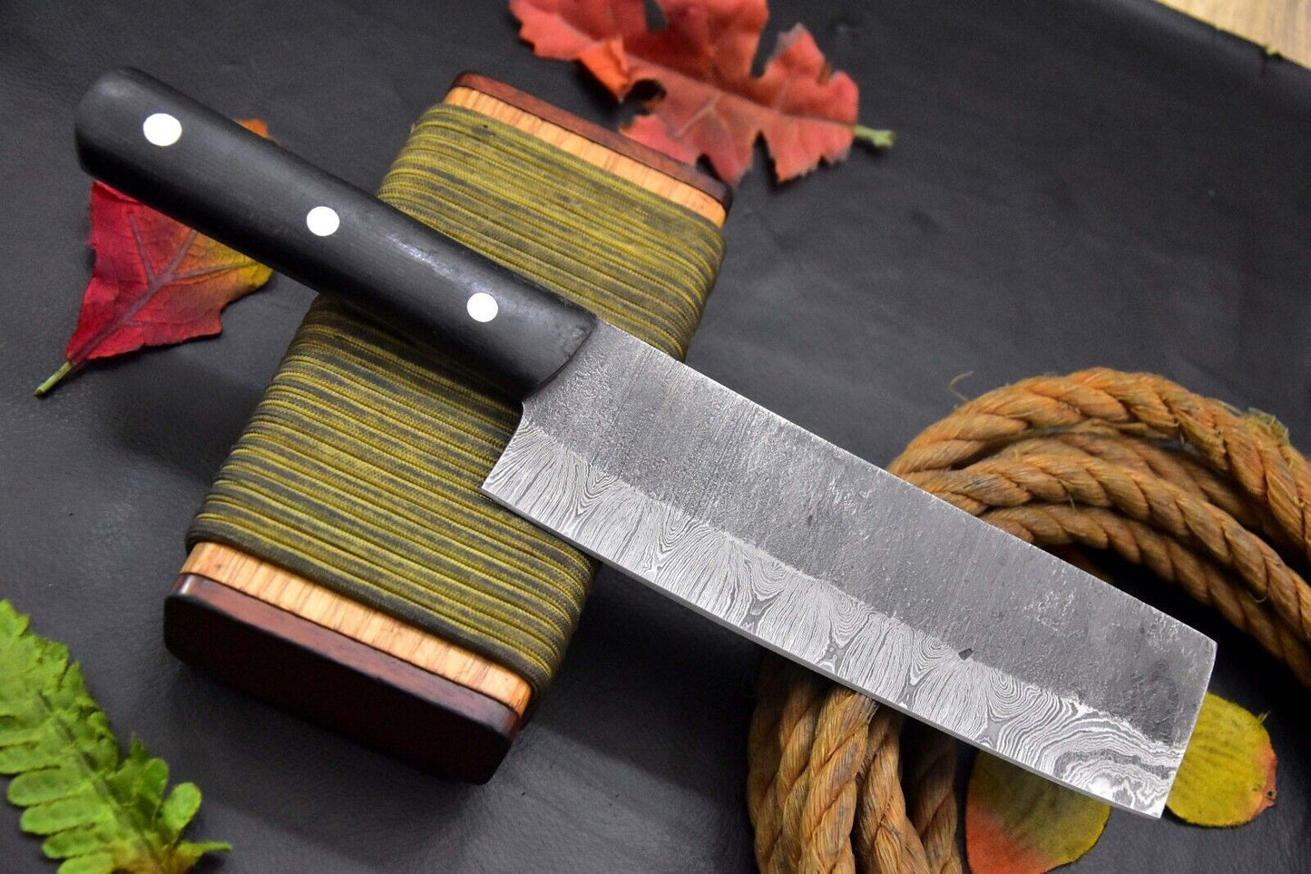 Handmade Custom Hammered Damascus Steel Fixed Blade Chef Nakri Knife with G‑10 Micarta Handle