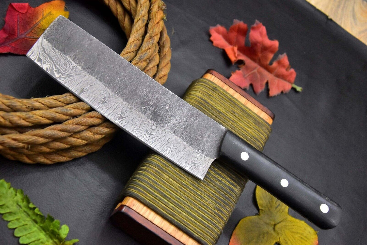 Handmade Custom Hammered Damascus Steel Fixed Blade Chef Nakri Knife with G‑10 Micarta Handle