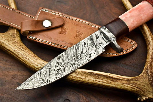 14" Handmade Damascus Bowie Knife – Camel Bone Handle, Premium Leather Sheath