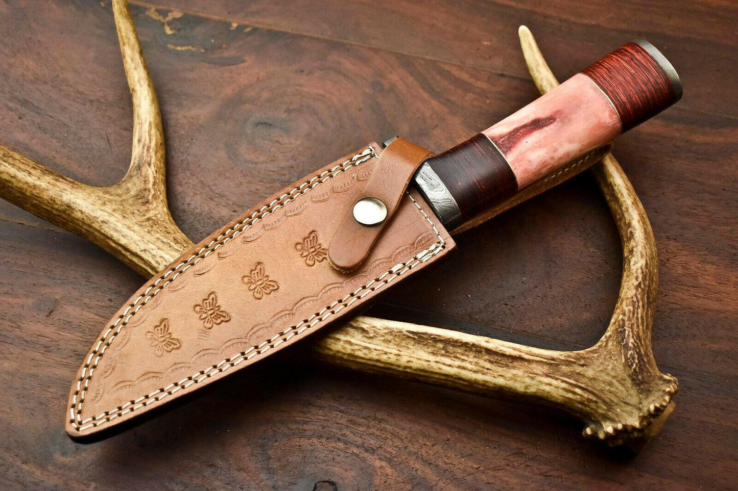 14" Handmade Damascus Bowie Knife – Camel Bone Handle, Premium Leather Sheath