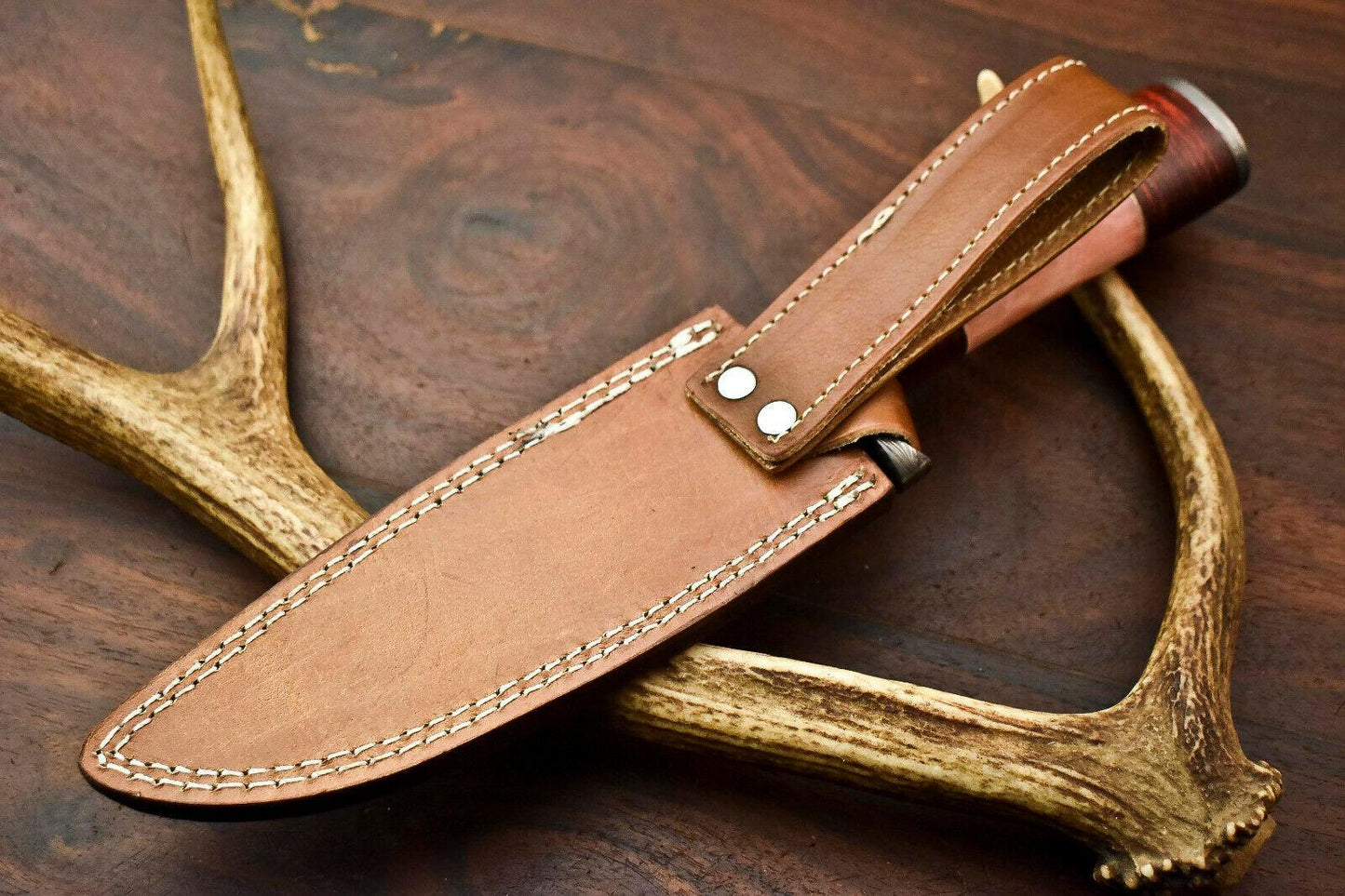 14" Handmade Damascus Bowie Knife – Camel Bone Handle, Premium Leather Sheath