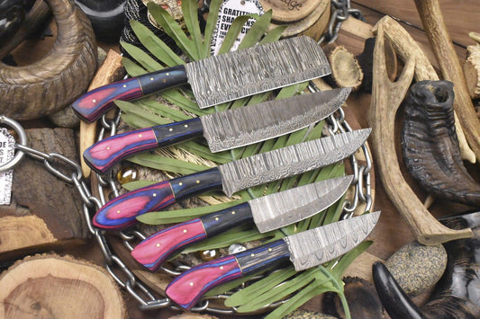 Hot Item Chef Knife Set – Twist Damascus Steel with Hardwood Handles, Lot of 5 Survival Knives