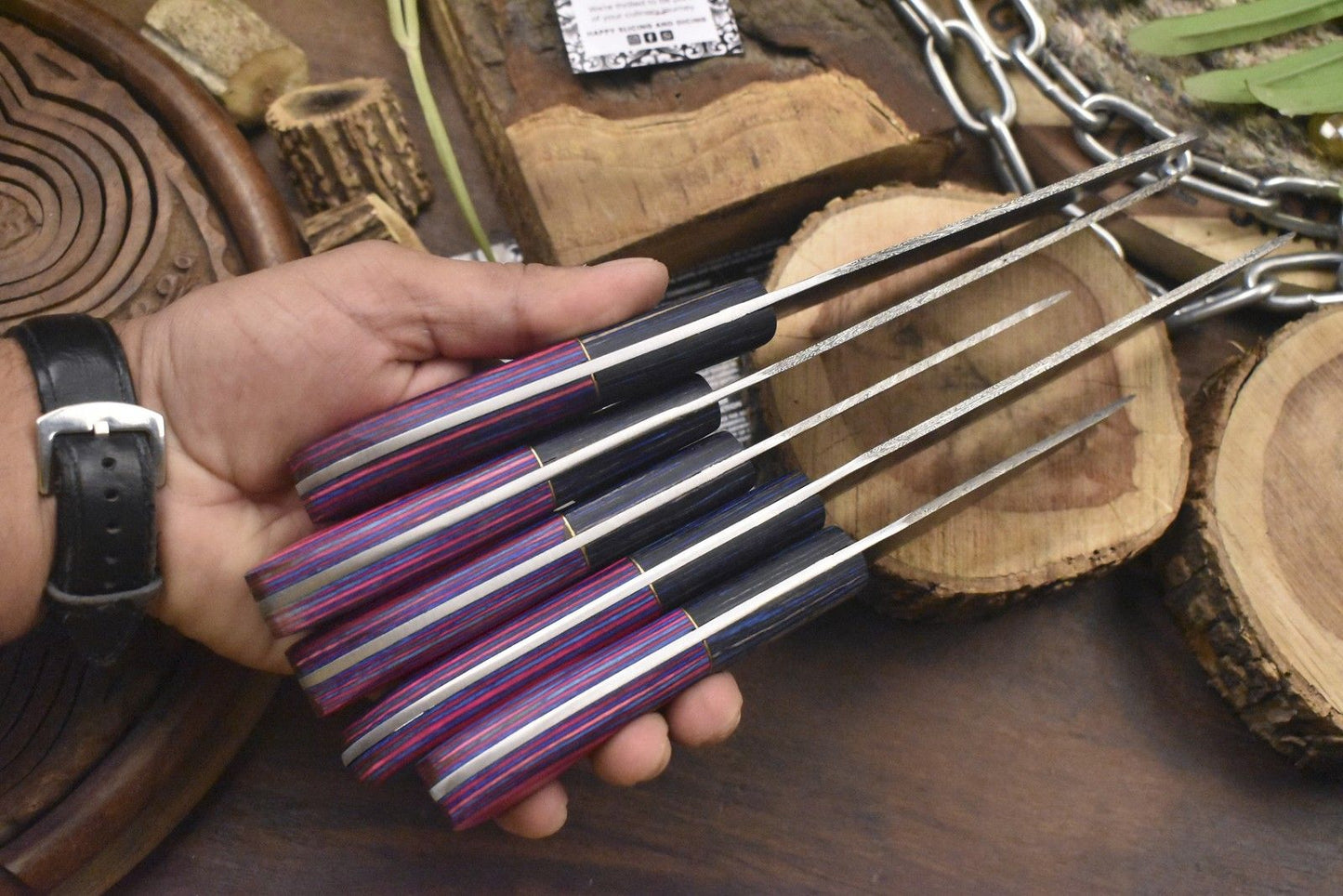 Hot Item Chef Knife Set – Twist Damascus Steel with Hardwood Handles, Lot of 5 Survival Knives