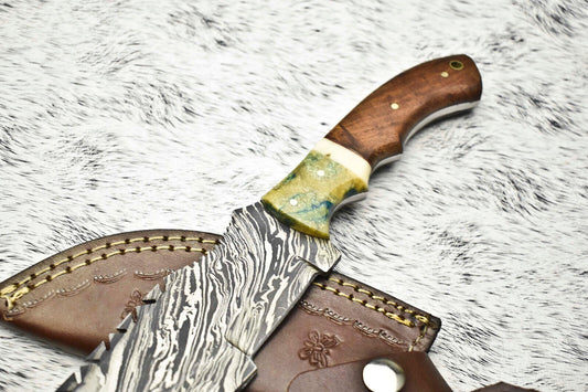 Premium Handmade Damascus Steel Camping Tracker Knife | Full Tang with Leather Sheath