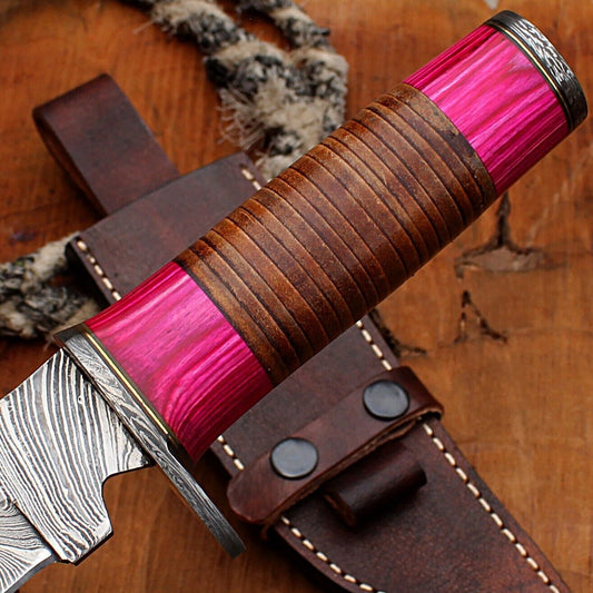 12" Twist Pattern Damascus Bowie Knife with Wood Handle – Handmade Fixed Blade Hunting Knife