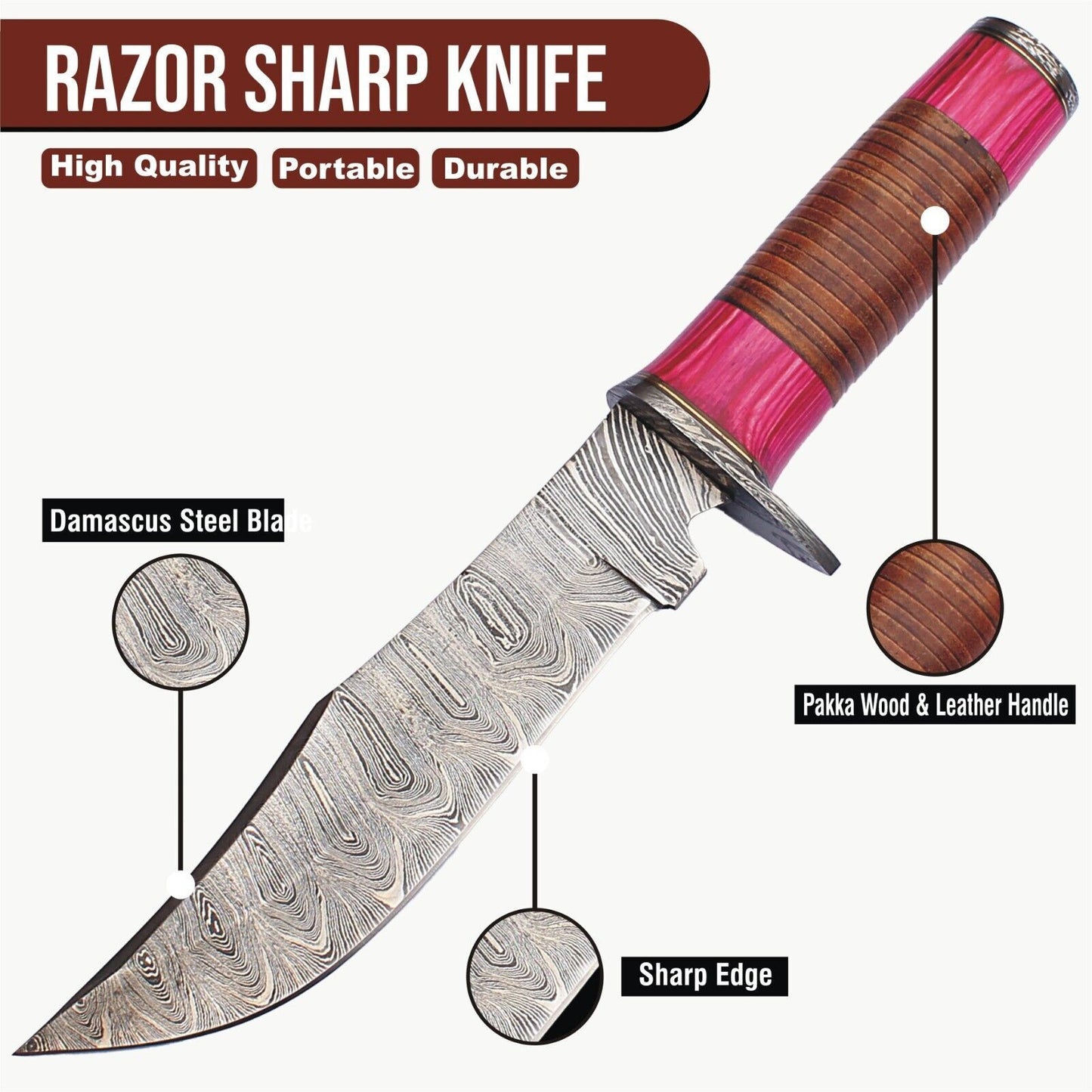 12" Twist Pattern Damascus Bowie Knife with Wood Handle – Handmade Fixed Blade Hunting Knife