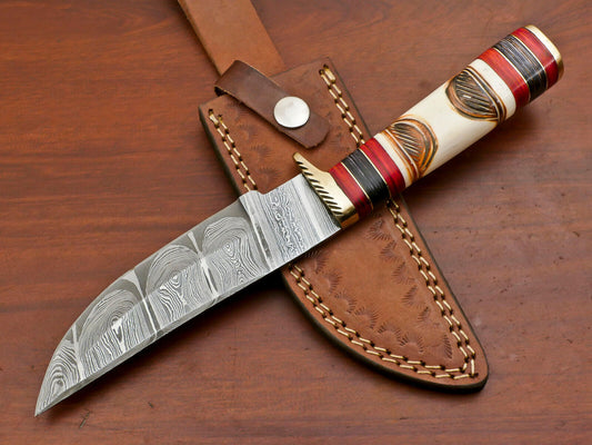12" Damascus Engraved Bowie Knife – Burn Bone Handle & Leather Sheath
