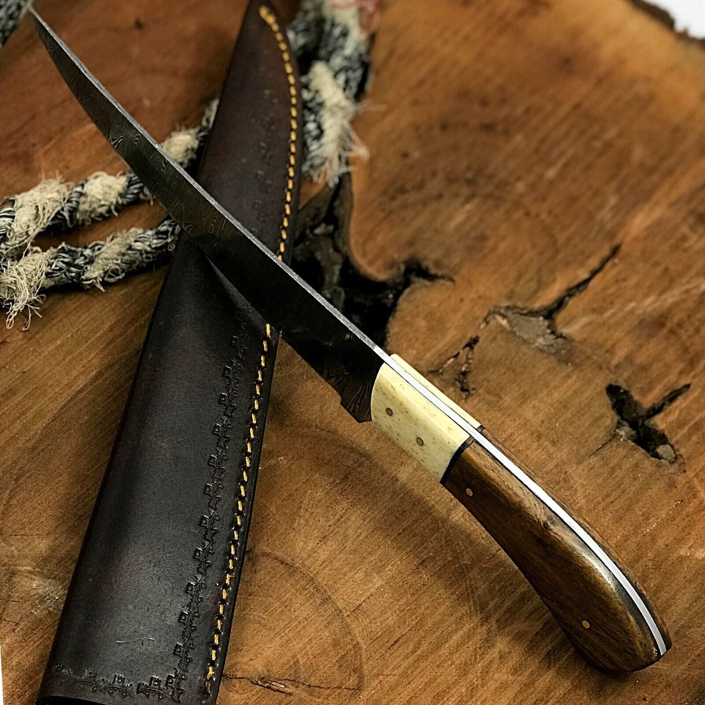 13" Custom Handmade Twist Damascus Steel Brisket Fillet Chef Hunting Knife with Leather Sheath