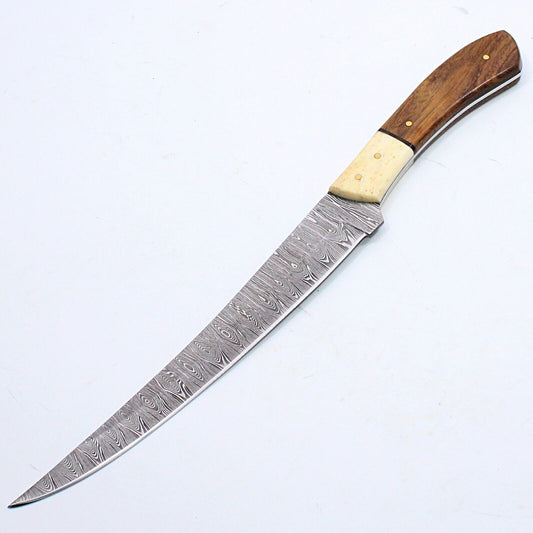 13" Custom Handmade Twist Damascus Steel Brisket Fillet Chef Hunting Knife with Leather Sheath
