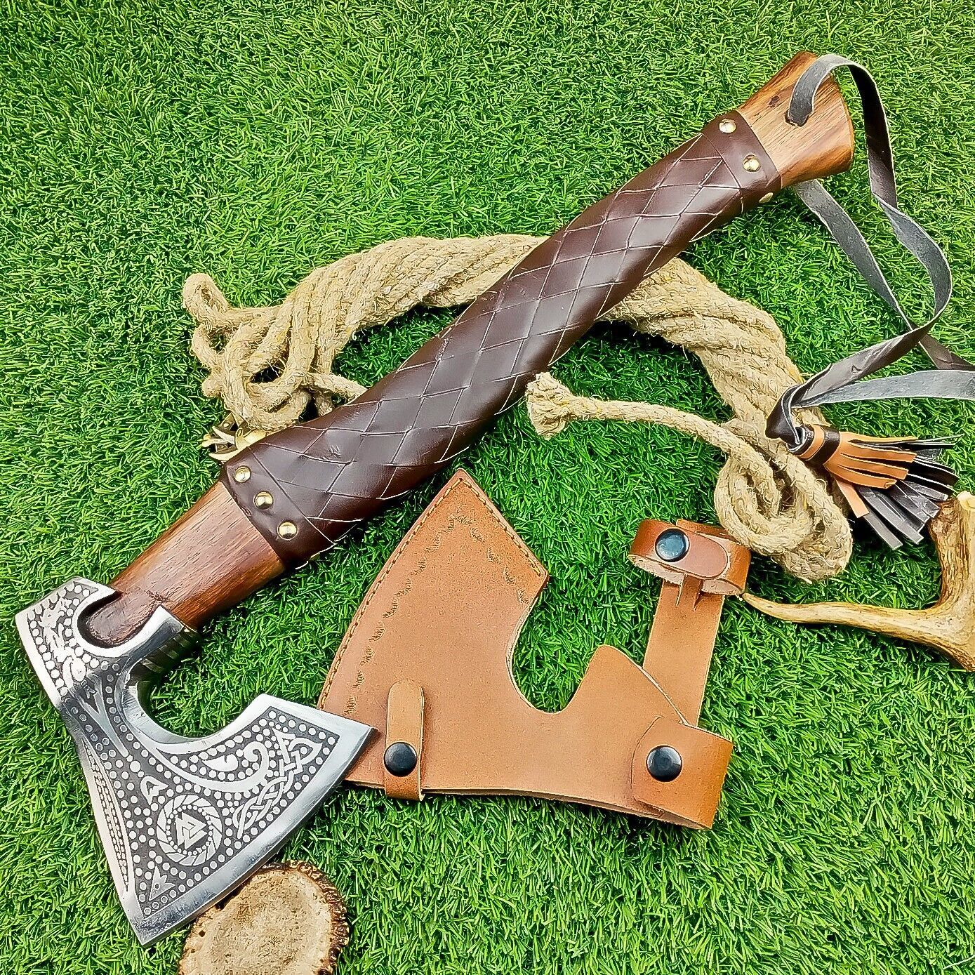 Hand Forged Viking Valhalla Axe 19 Inch with Leather-Wrapped Wood Handle