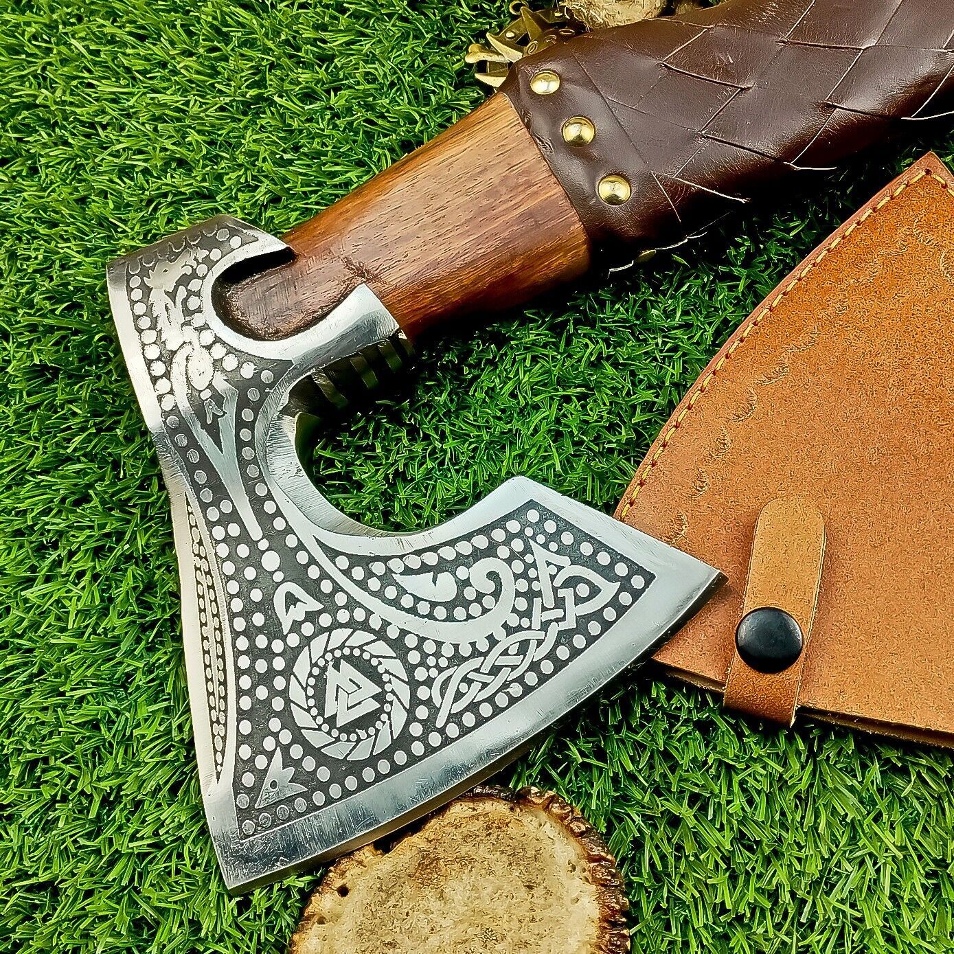 Hand Forged Viking Valhalla Axe 19 Inch with Leather-Wrapped Wood Handle