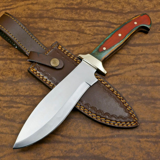 Handmade D2 Bowie Hunting Knife | 12-Inch Blade with Pakka Wood Handle & Leather Sheath