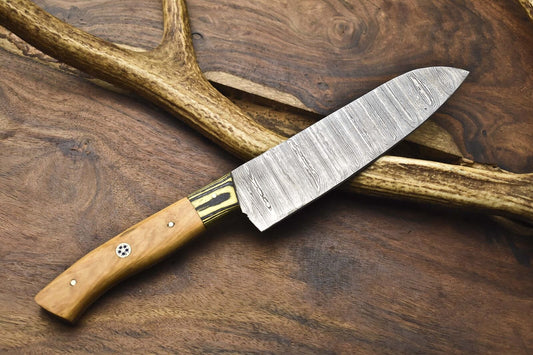 Hand Crafted Chef Knife Damascus Olive Wood Wooden Bolster – Fishing & Outdoor Use