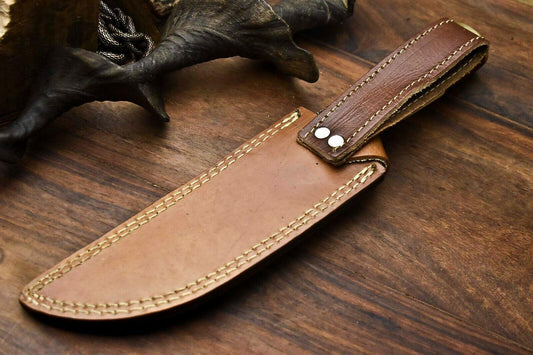 12" Damascus Steel Bowie Knife with Camel Bone Handle – Handmade Full Tang Hunting Blade