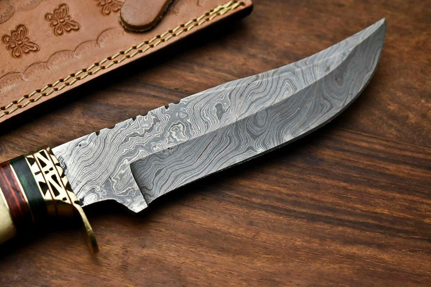 12" Damascus Steel Bowie Knife with Camel Bone Handle – Handmade Full Tang Hunting Blade