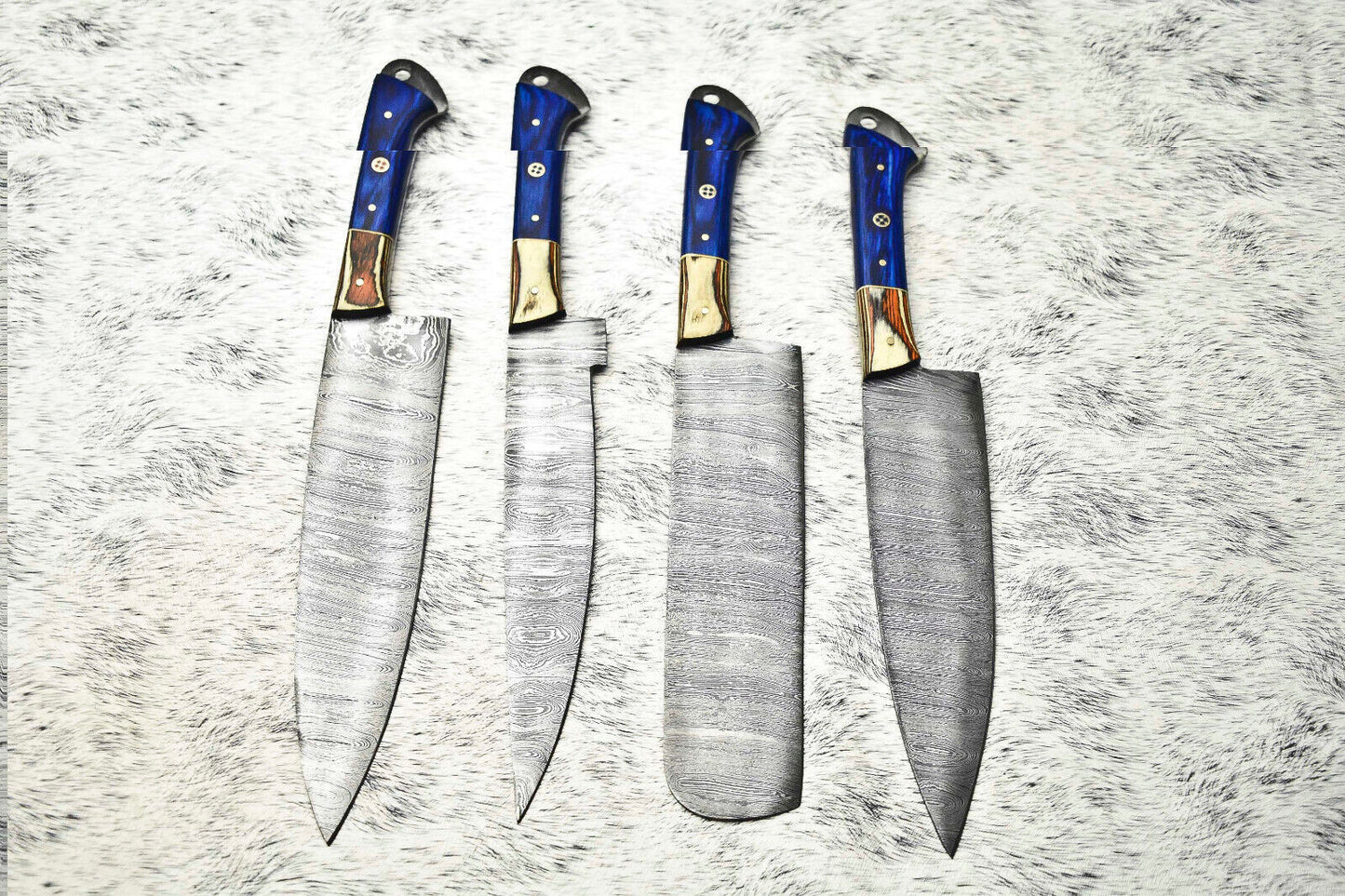 Lot Of 4 Handmade Damascus Hammered Full Tang Chef Set Knife | Hard Wood
