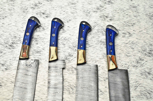 Lot Of 4 Handmade Damascus Hammered Full Tang Chef Set Knife | Hard Wood