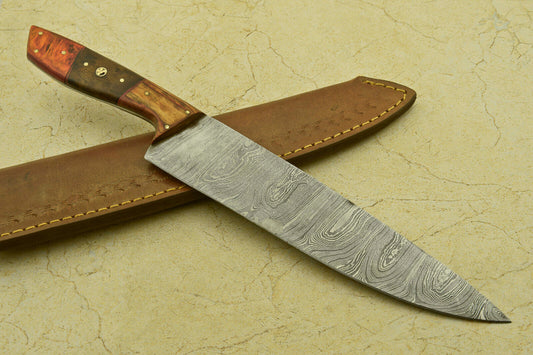 Custom Handmade Damascus Steel Chef Kitchen Knife with Wood Handle