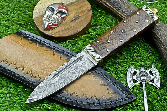 9" Damascus Steel Bowie Knife with Wood Handle & Sheath