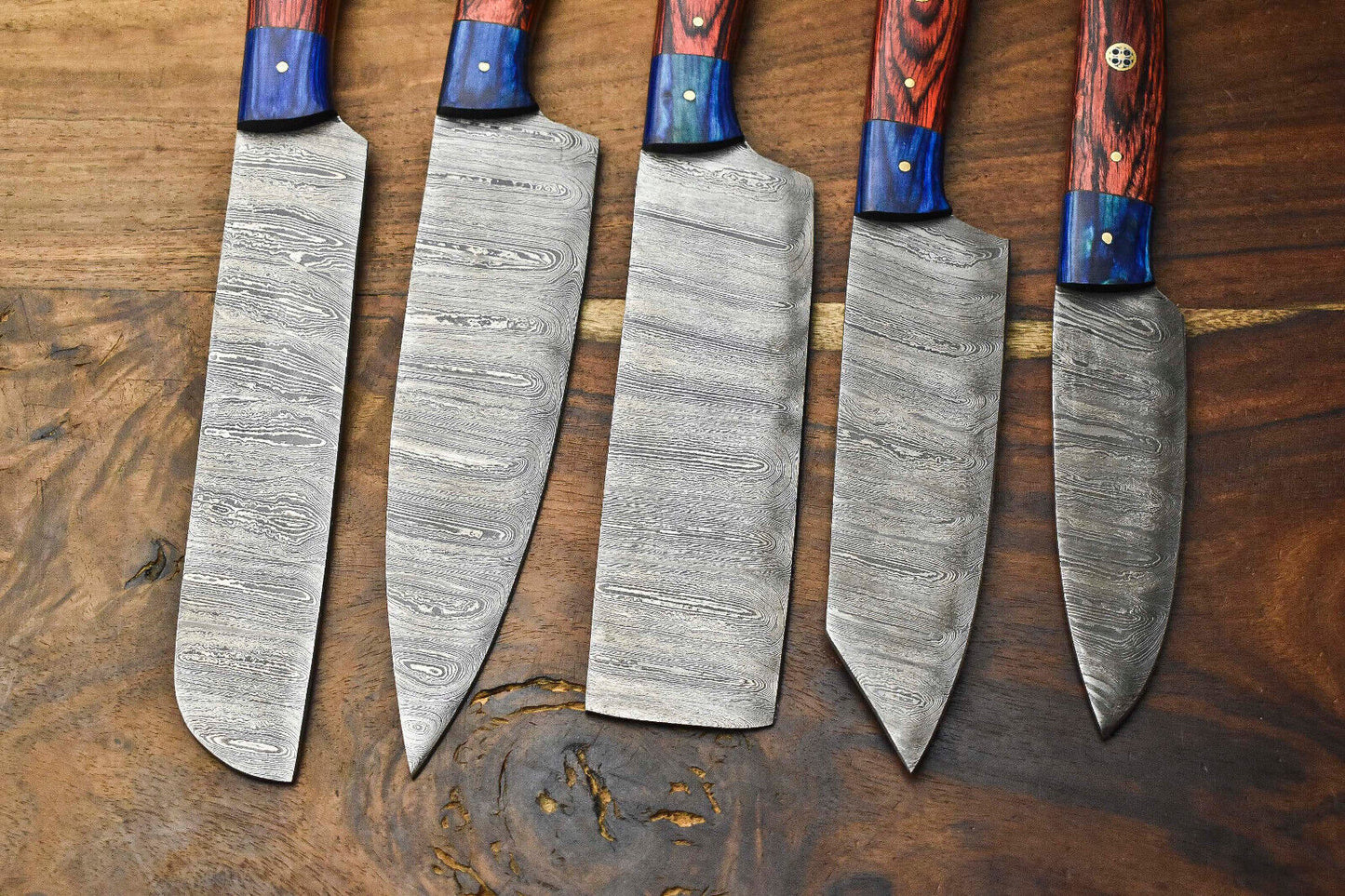 Custom Lot of 5 Handmade Hammered Damascus Steel Blade Chef Knife Set – Full Tang Kitchen Knives