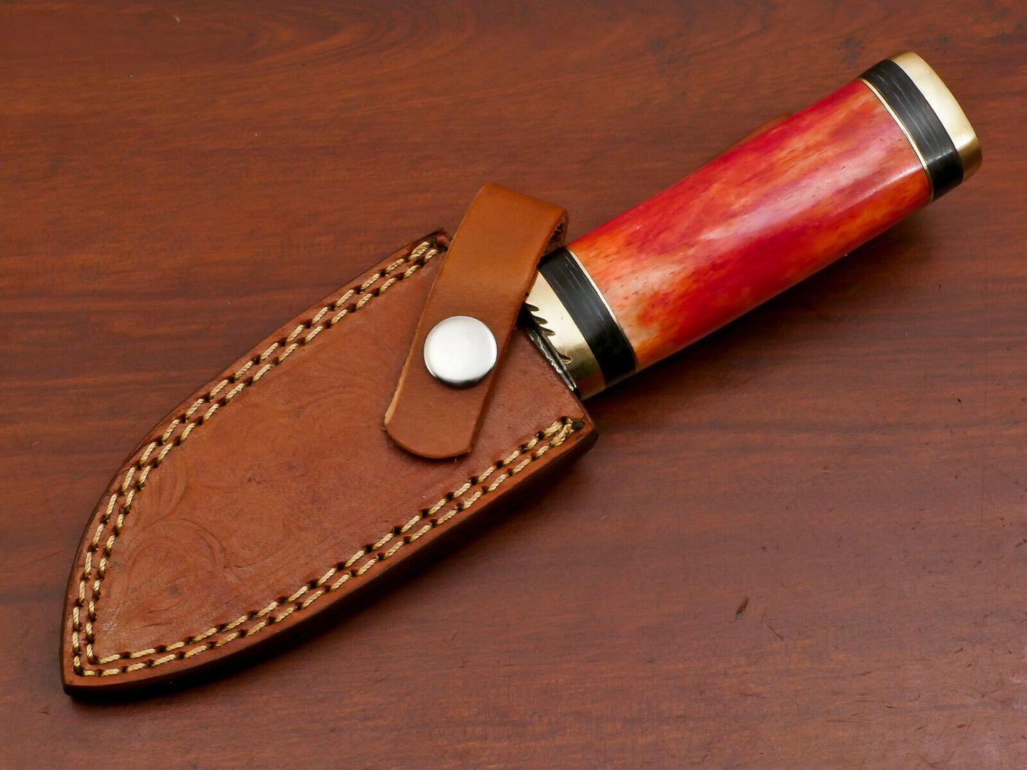Custom Handmade Damascus Gut Hook Hunting Knife with Stained Bone and Pakka Wood Handle